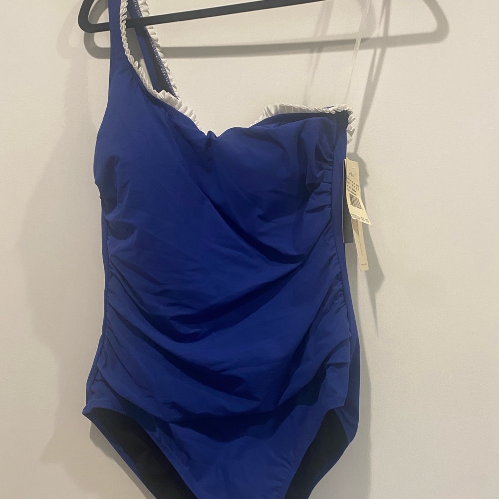 Blue/ white ruffle accent one Shoulder One Piece Swimsuit